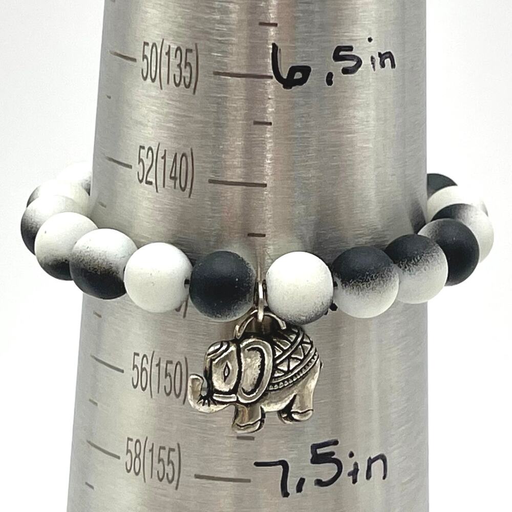 Frosted Glass Beaded Stretch Bracelet with Silver Tone Dangle Elephant Charm 7"
